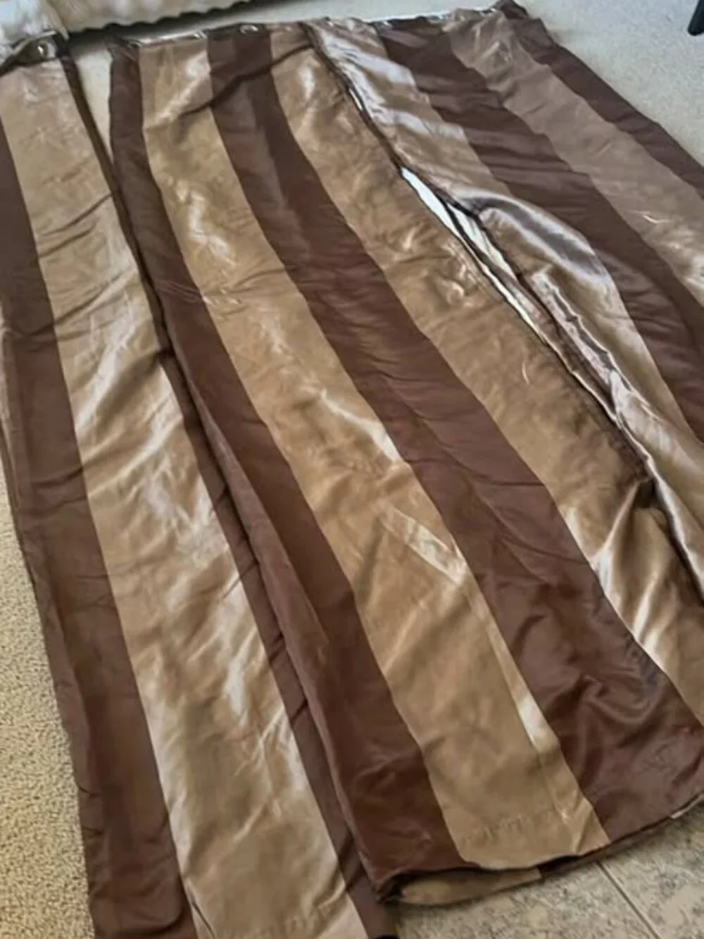 Custom Brown/Beige Stripe 52W x 106L Lined Drapes. Set of 3. FLAW